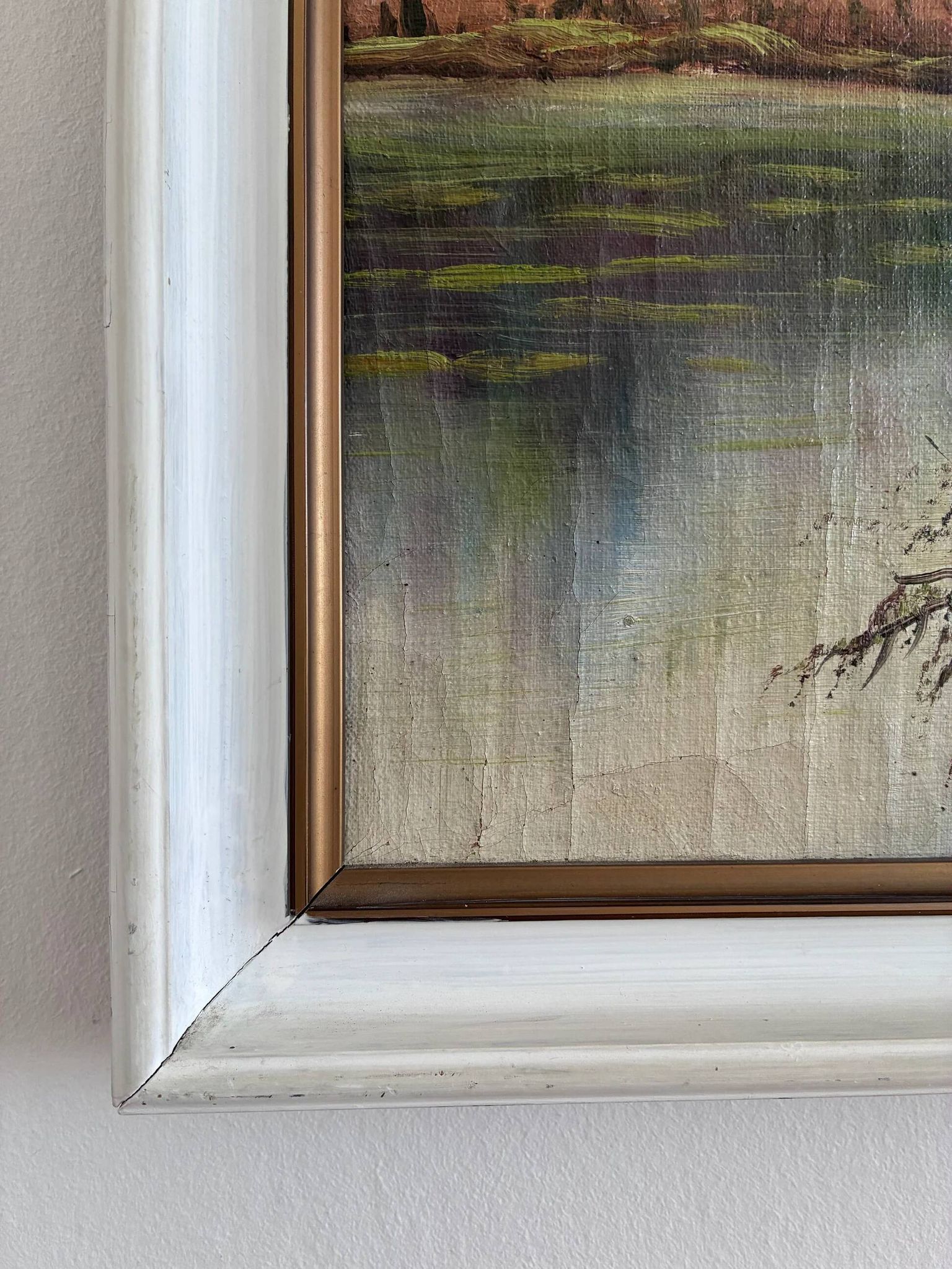Vintage original forest landscape oil painting, circa 1960s