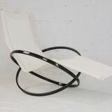 Chaise longue à bascule de Roger Lecal, modèle Jetstar, acier laqué marron et toile, France, 1975