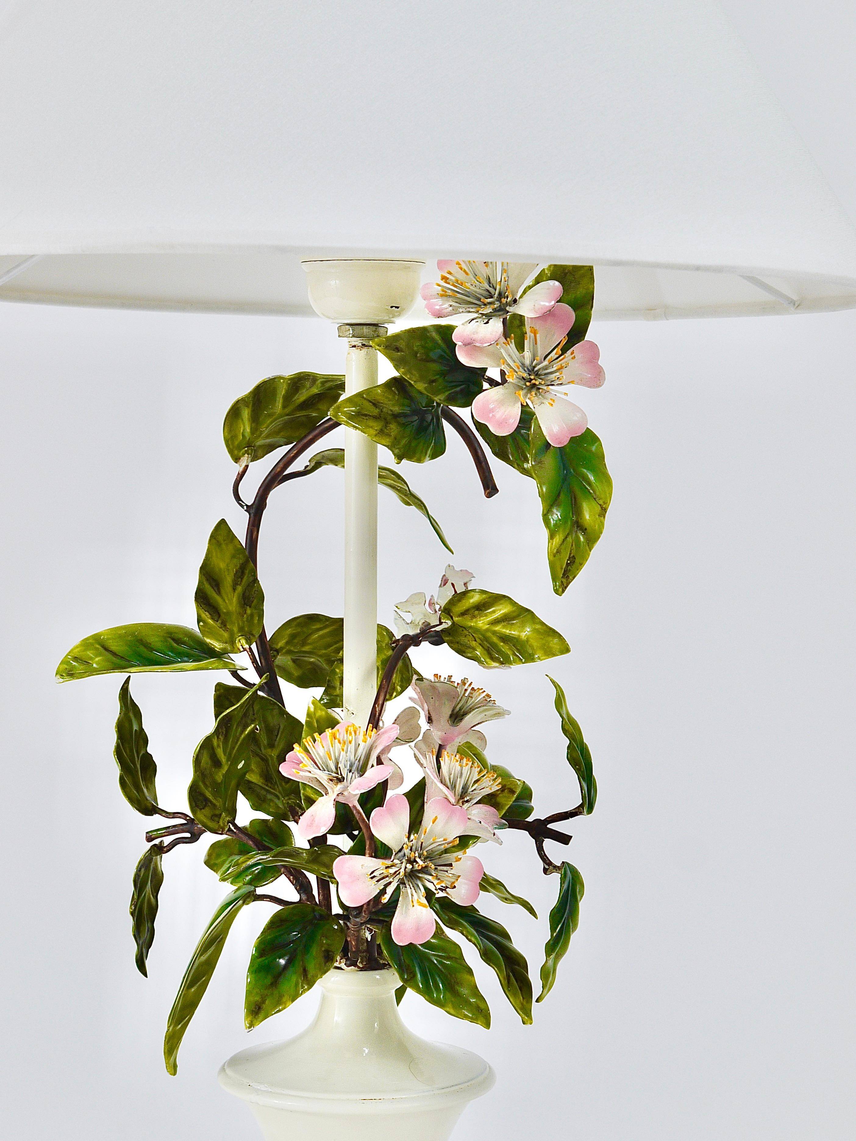 Hand-painted Toleware table lamp with wild apple blossom flowers, Salvadori, Italy, 1950s.