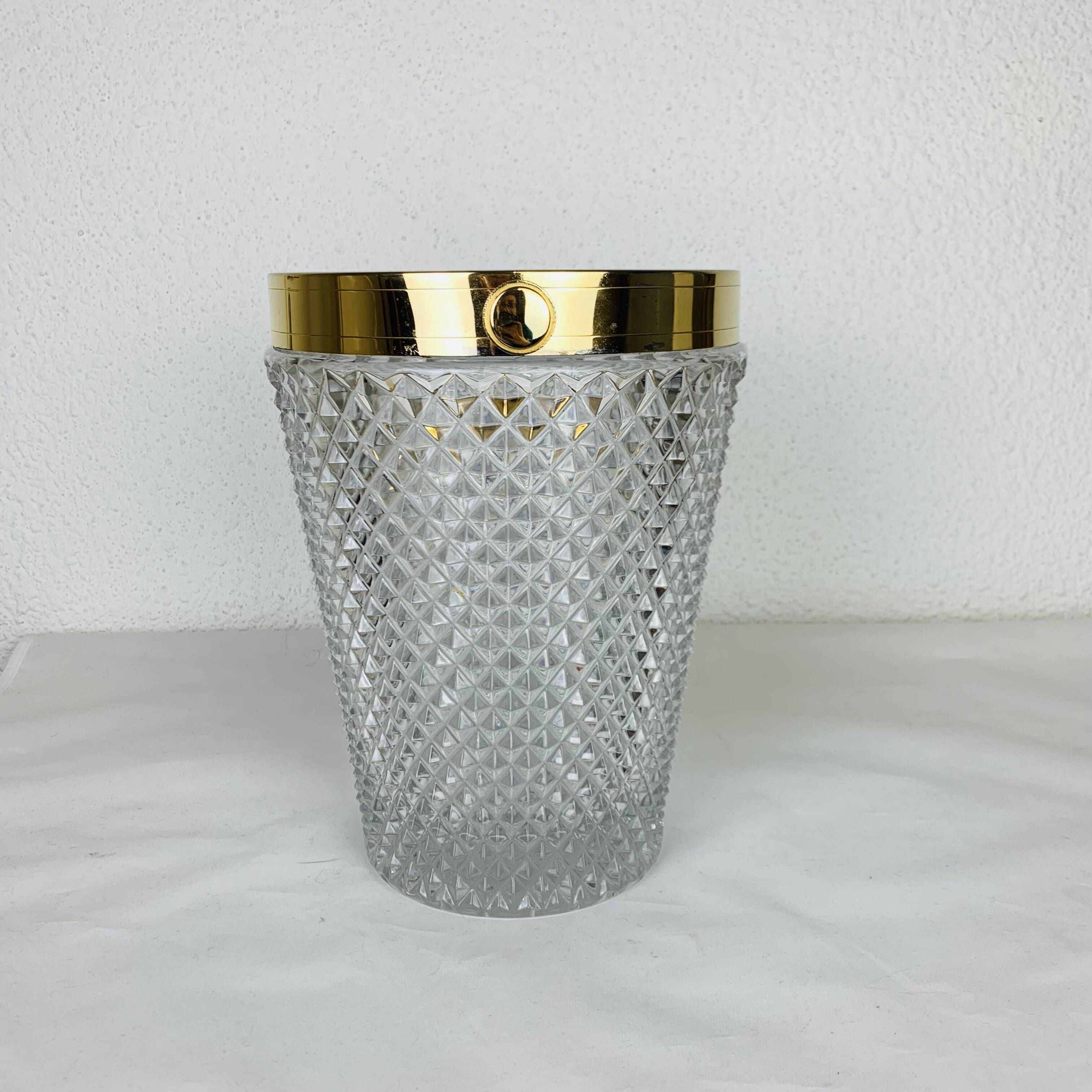 Hollywood regency cut crystal and gold metal champagne bucket