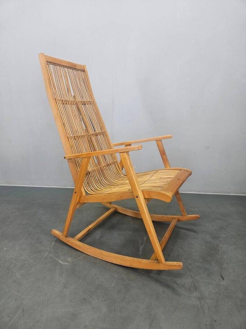 Rare Midcentury Wood and Rattan Rocking Chair, Denmark, 1960s