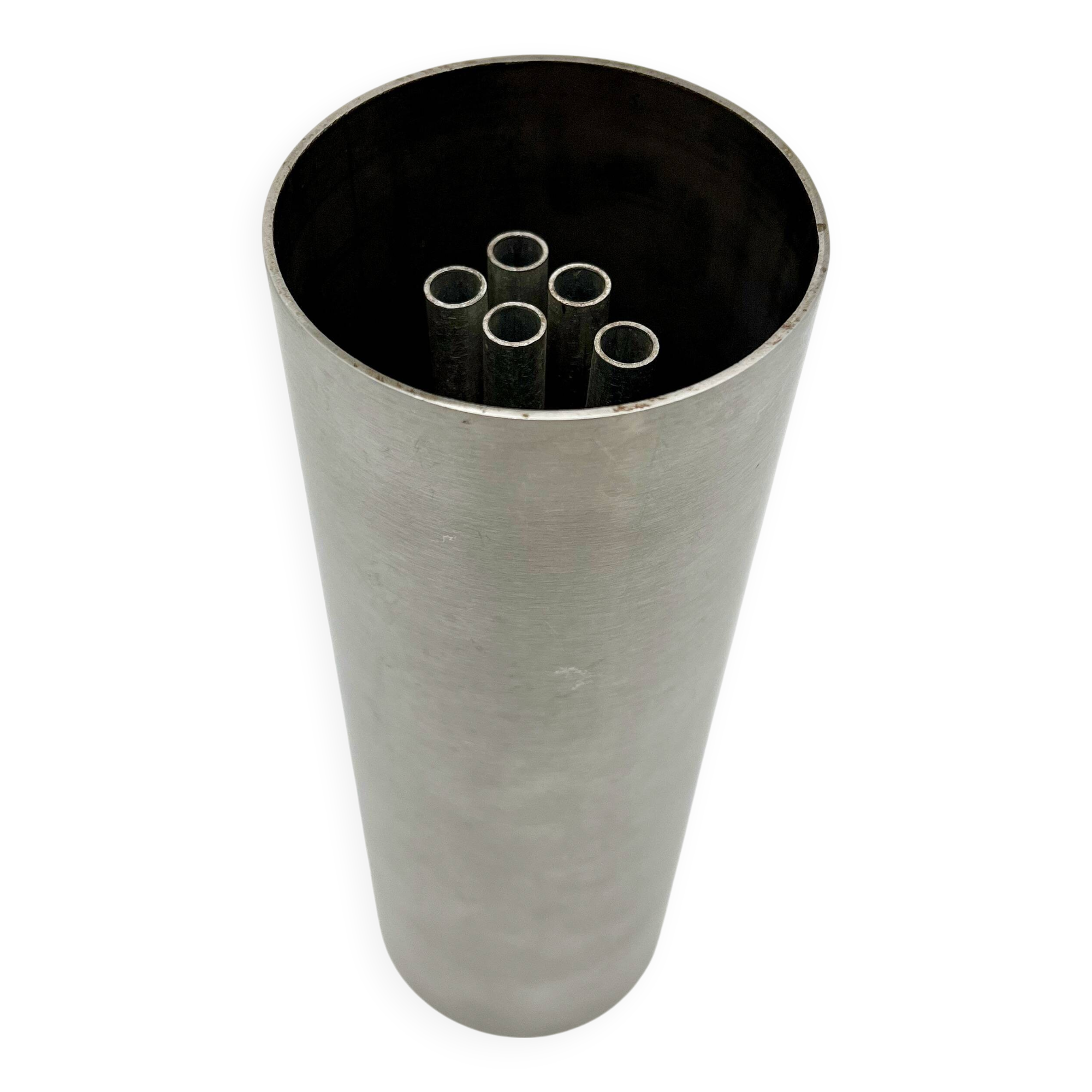Roll vase / built-in flower stick – brushed aluminum, 1970s