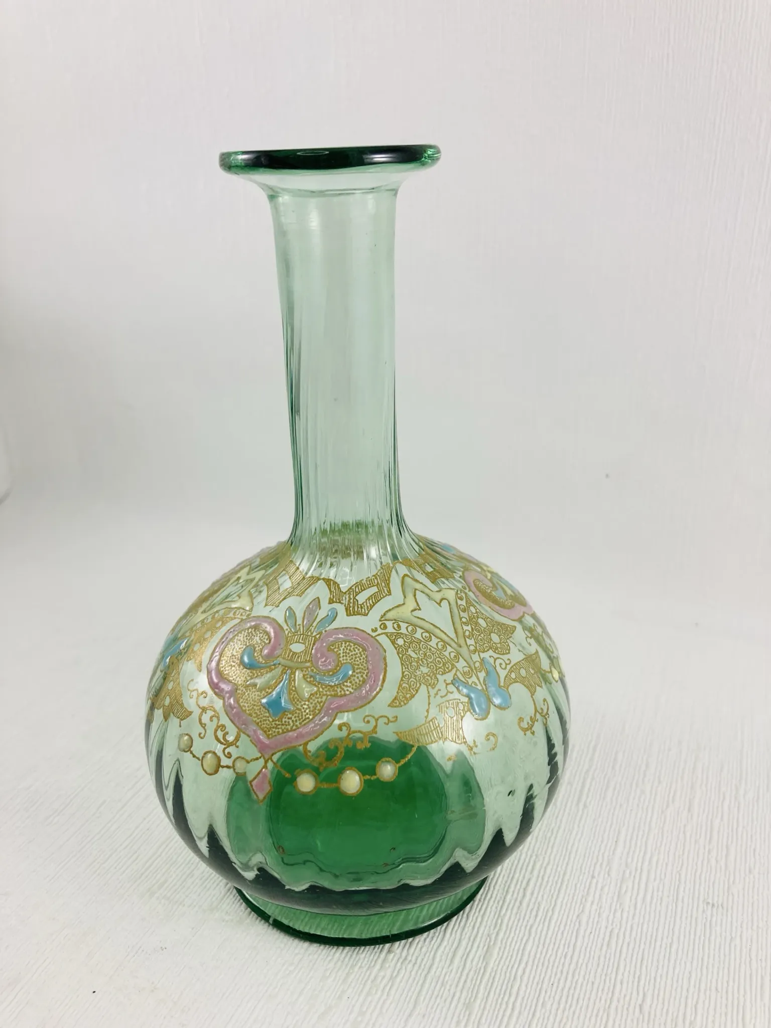 Moser Type Green Enamelled Glass Ball Vase Soliflore - 1900