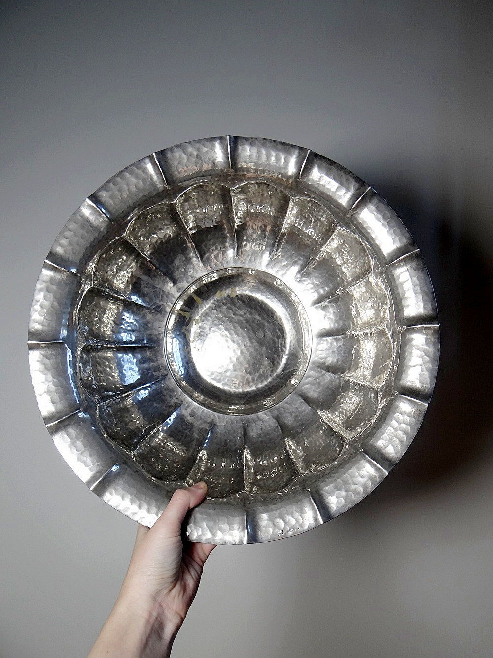 Large basin, bowl, Olri Italy vintage 1950s hammered silver.