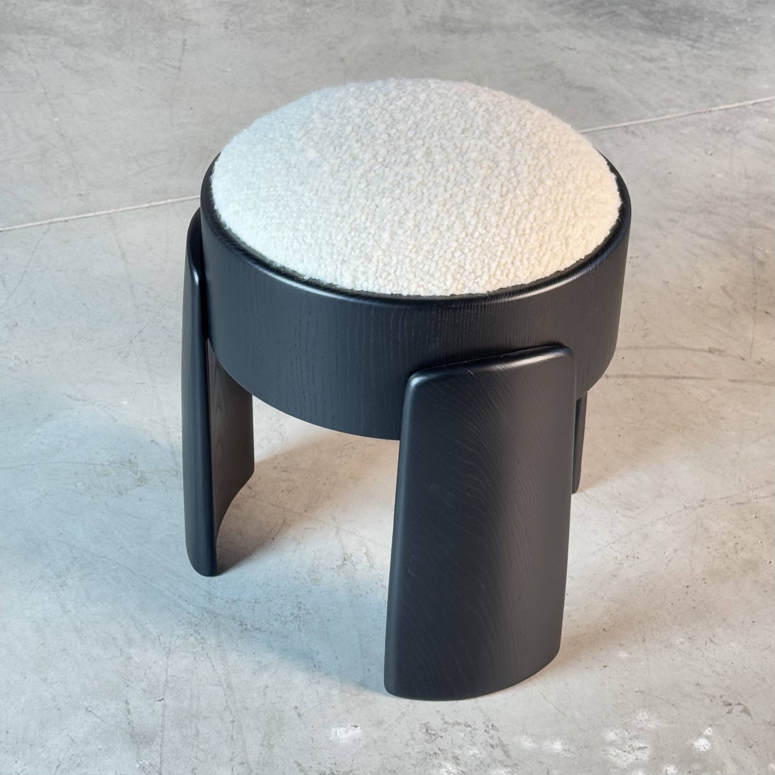 Sculptural Black Ash Wood Stool with Dedar Milano Bouclé Ivory by FORME