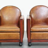 Set of 2 beautiful cognac-colored sheepskin Art Deco armchairs