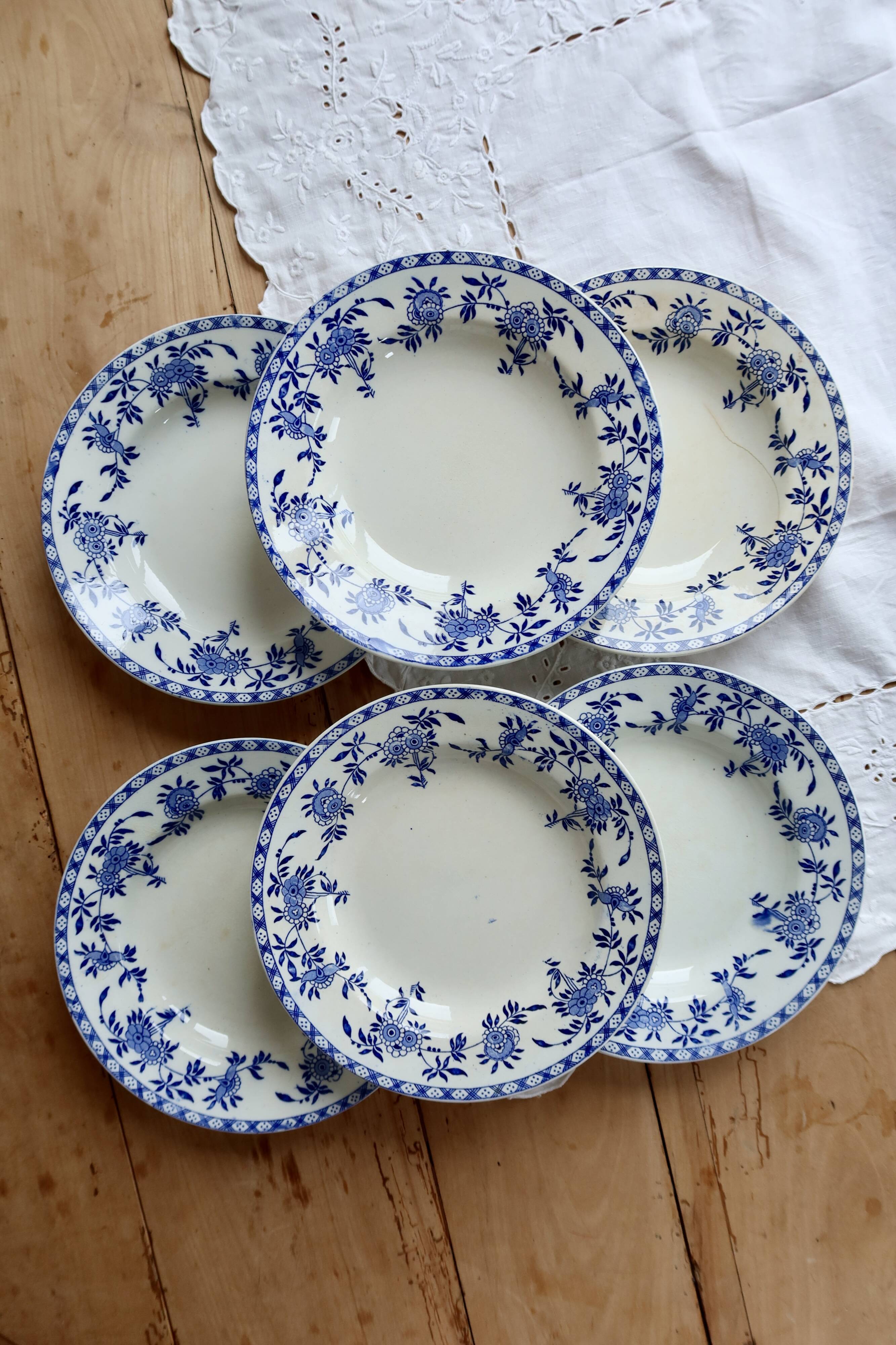 6 antique deep plates, blue and white Dresden porcelain