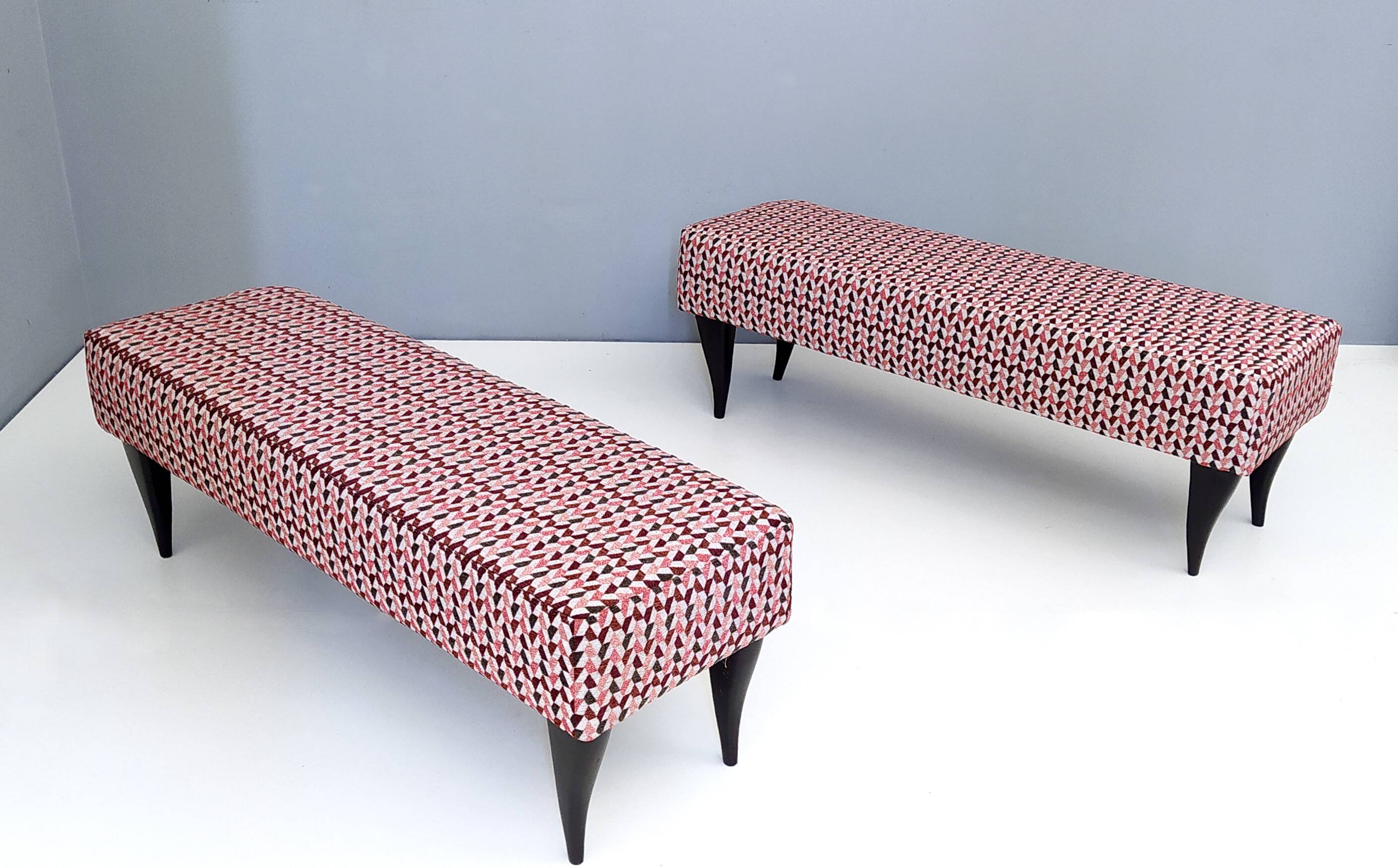 Pair of Benches with Red Patterned Fabric Upholstery, Italy