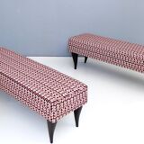 Pair of Benches with Red Patterned Fabric Upholstery, Italy