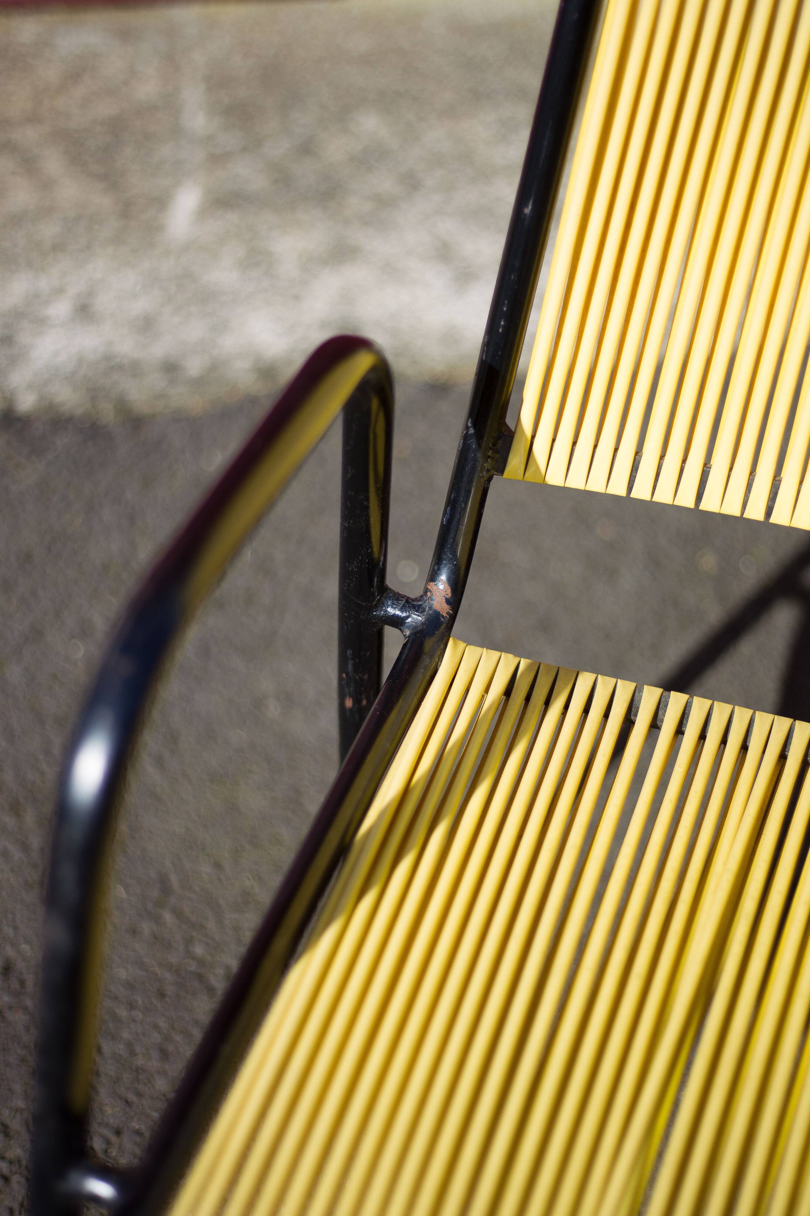 Scoubidou armchair, black metal armchair and yellow plastic wires, vintage chair