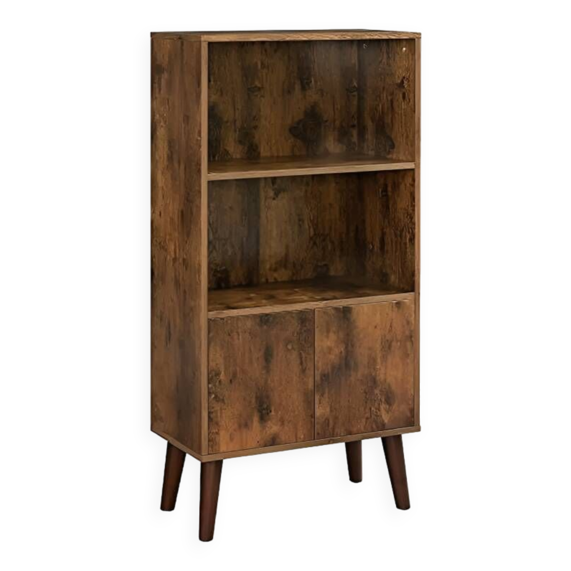 Mid-Century Modern Bookcase with Doors and Storage Cabinet, Rustic Brown