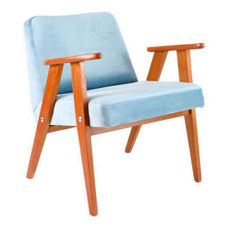Vintage armchair 366 sky blue, velvet Pierre Frey and solid wood, 60s / 70s