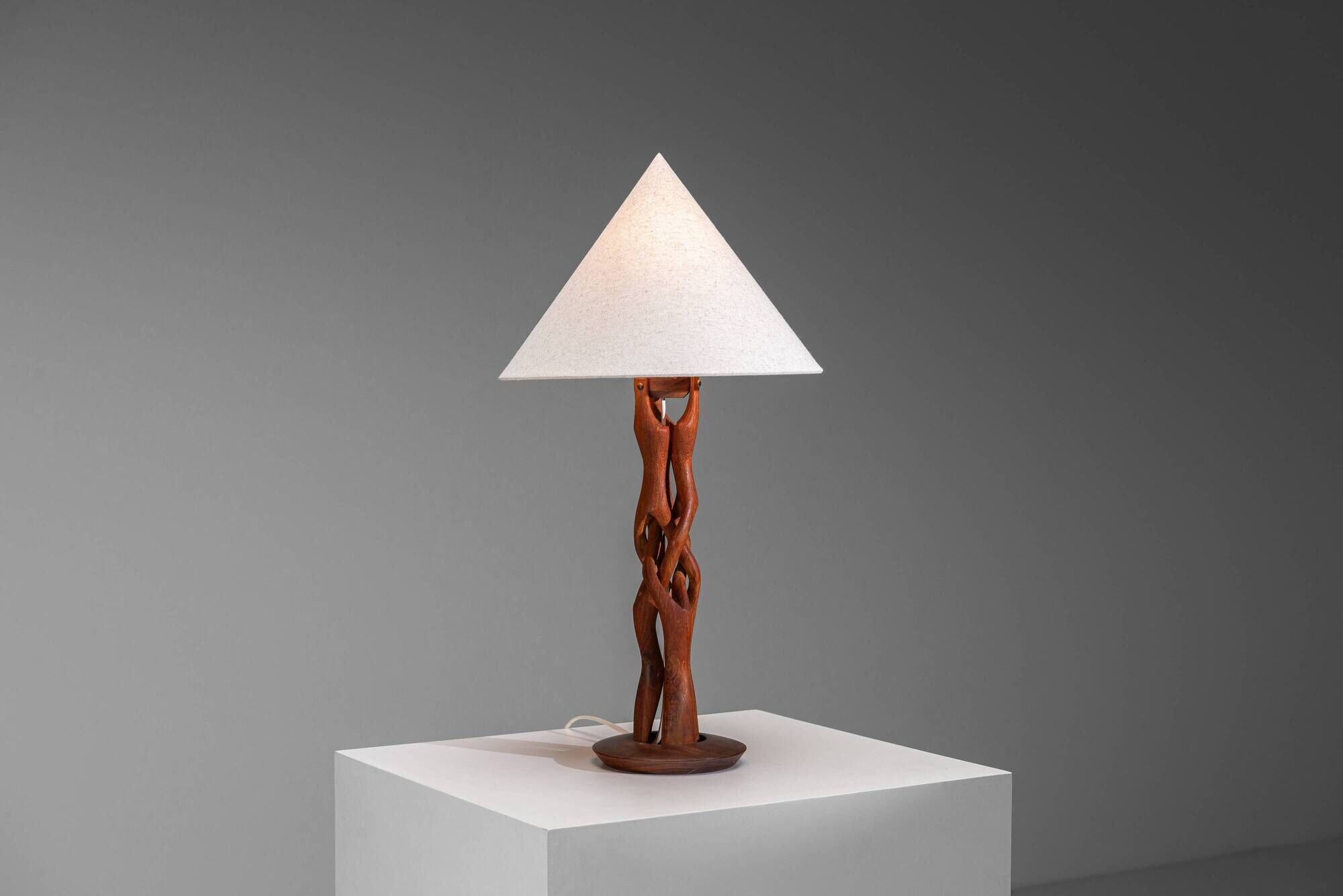 Organic form sculptural teak table lamp