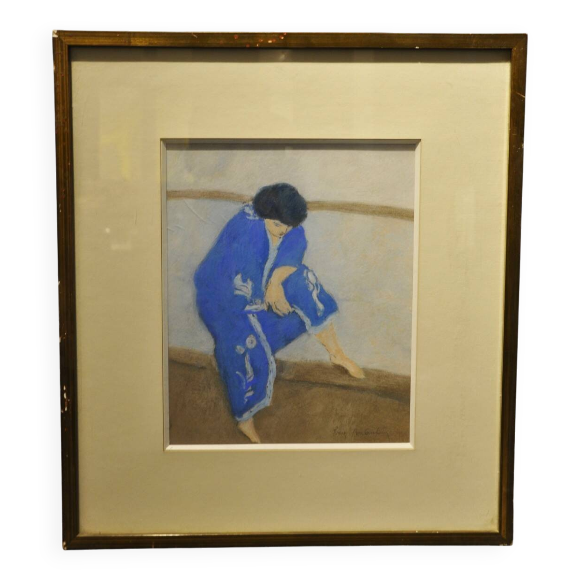 Pierre Boncompain pastel Woman in blue kimono circa 1980