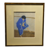 Pierre Boncompain pastel Woman in blue kimono circa 1980