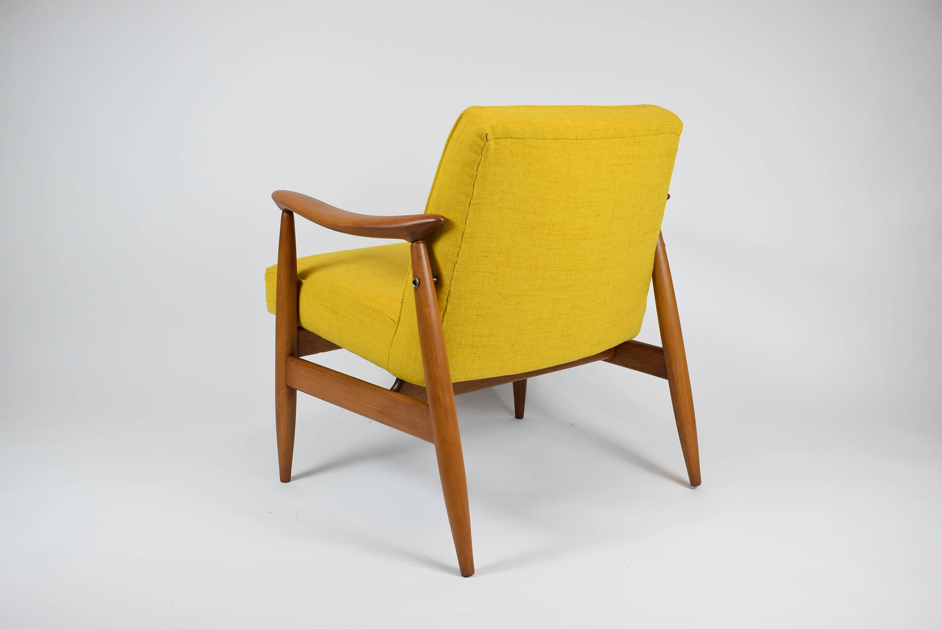 Vintage original armchair , 1960s, fully restored, yellow fabric, teak