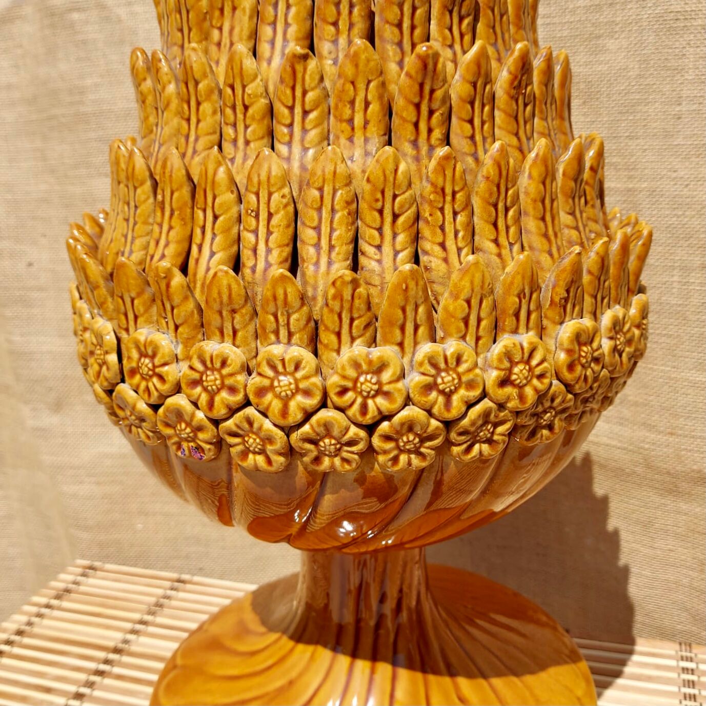 Vintage lamp in ochre enamelled ceramic, vegetable and floral décor