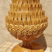 Lampe vintage en céramique émaillée ocre, décor végétal et floral