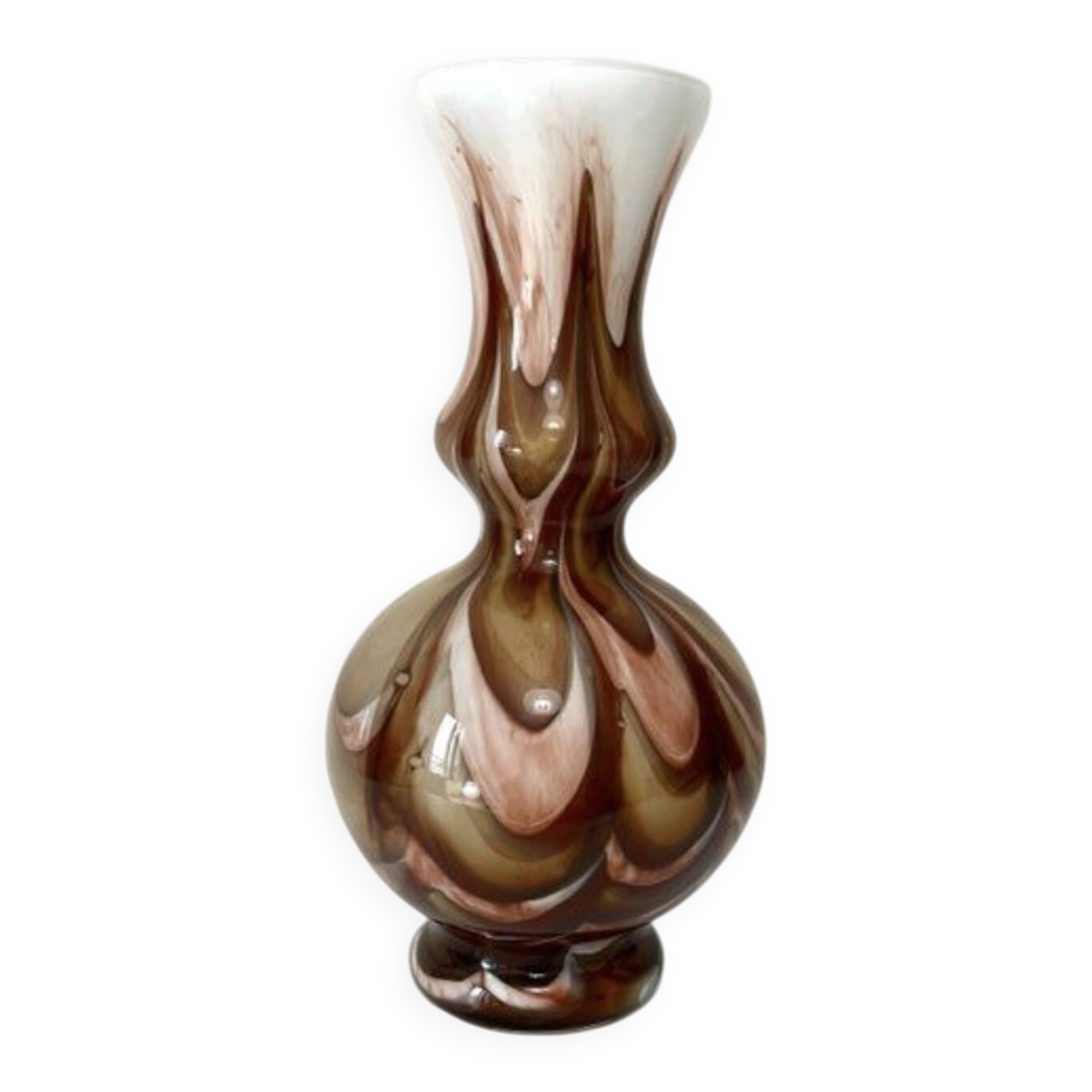 Murano glass vase, white and brown opaline with a swirl pattern from the 1970s.
