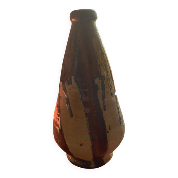 Bouteille de potier ancienne en terre cuite à coulures vernissées
