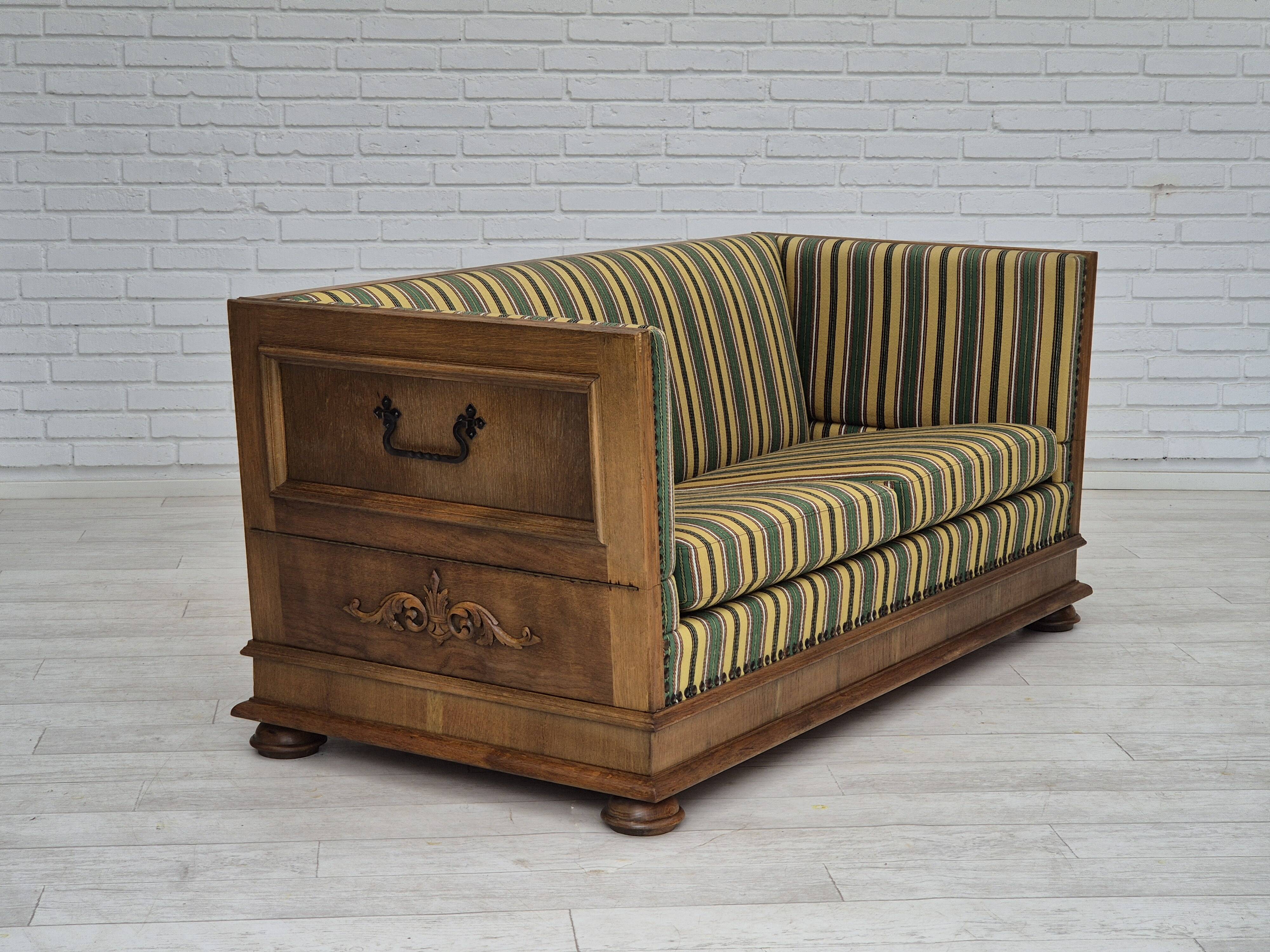 1960s, Danish drop arm sofa, furniture wool, oak wood, orginal condition.