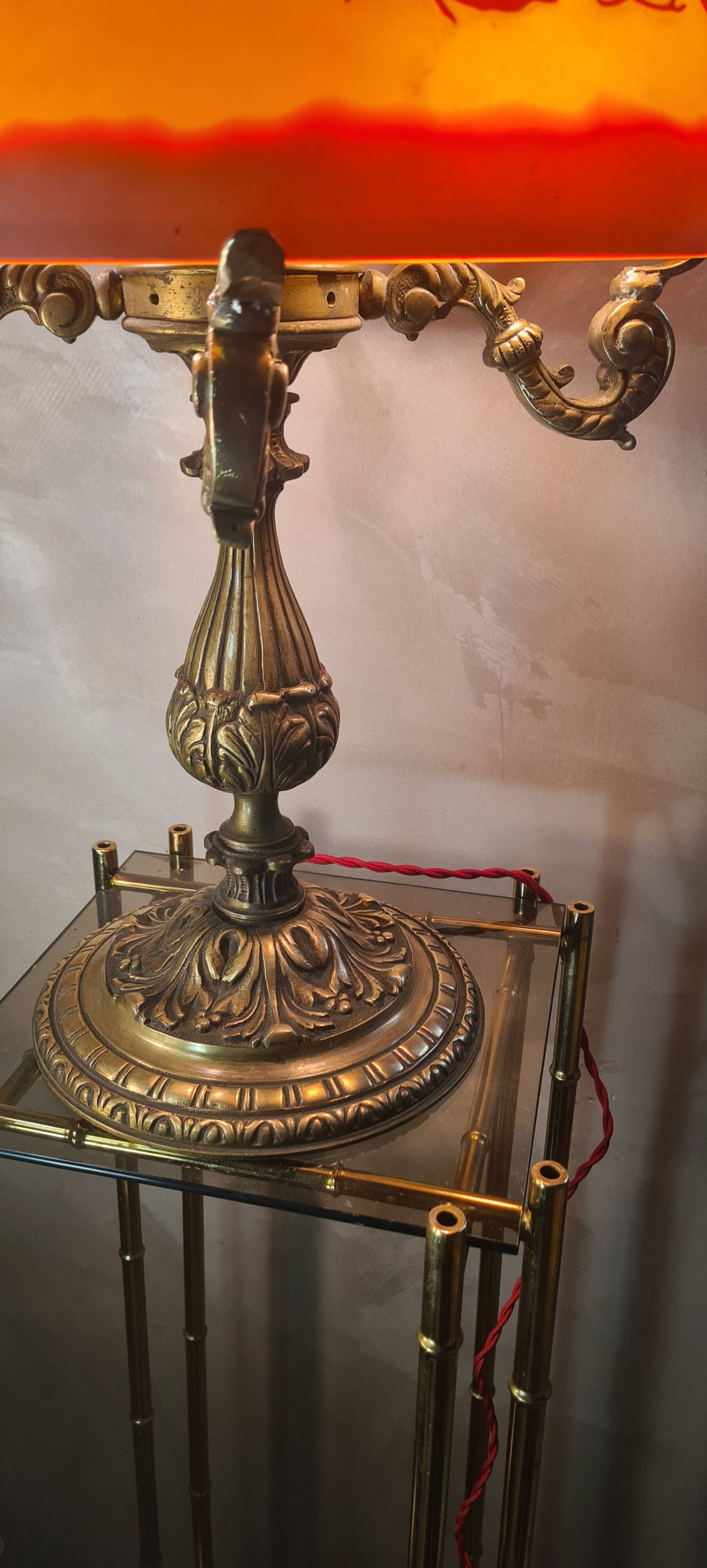 large bronze mushroom lamp with magnificent glass paste signed 7kg h51x33