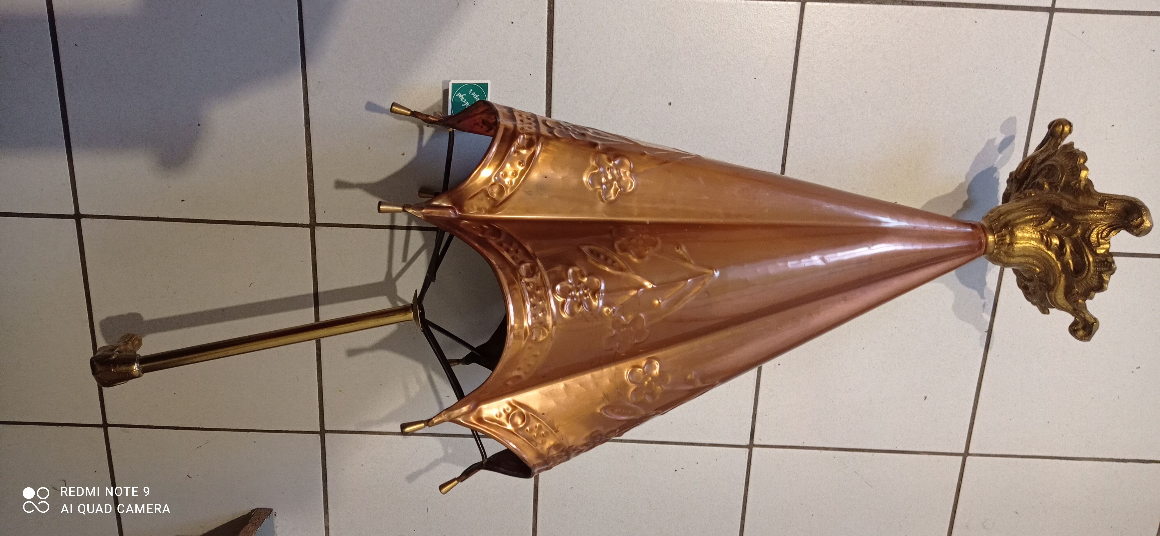 Old copper umbrella holder vintage handle dog head