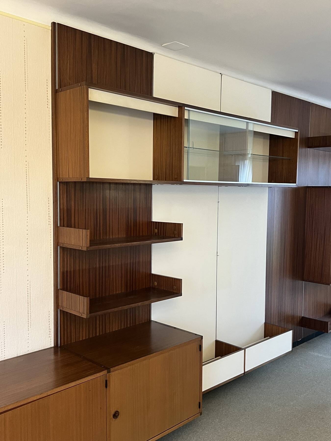 Modular Wall System in Wood Veneer, White Laminate, Glass and