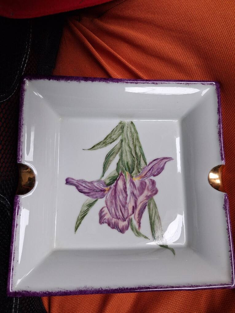 Sublime Pocket Bowl in Limoges Porcelain, Hand-Painted Iris & Gold Leaf
