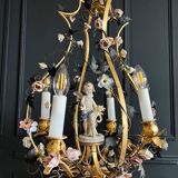 Napoleon III period cage chandelier in bronze and porcelain