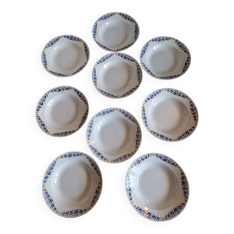 Set of 9 deep plates, earthenware from Creil Montereau, Colette model.