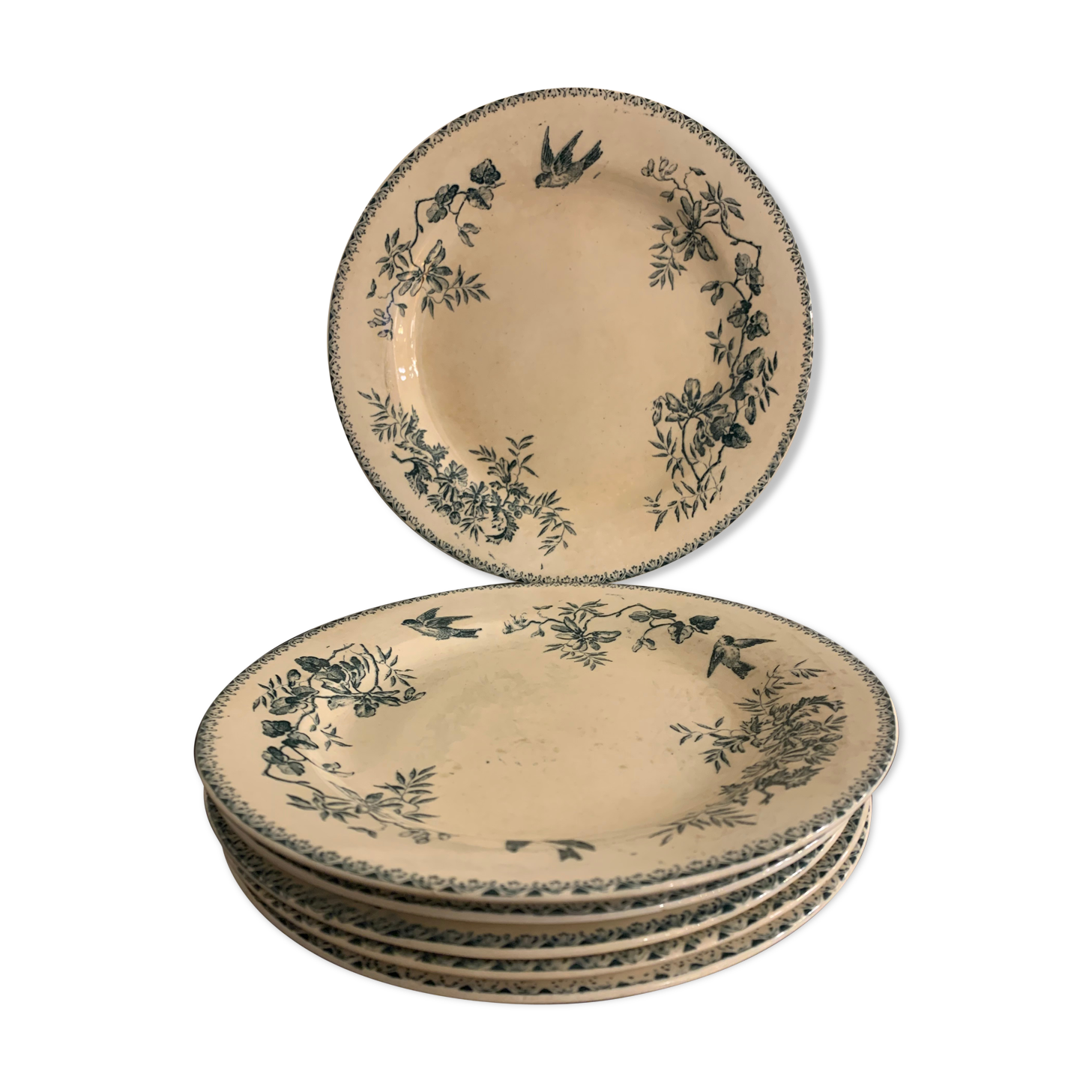 6 old blue flat plates La Samaritane Terre de Fer