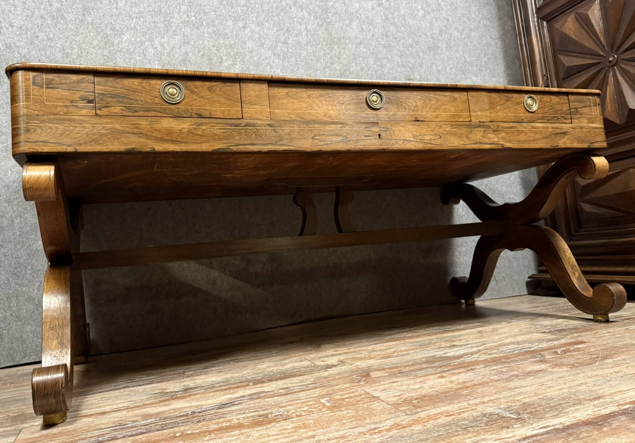 Very large Charles X period center desk in rosewood and lemonwood