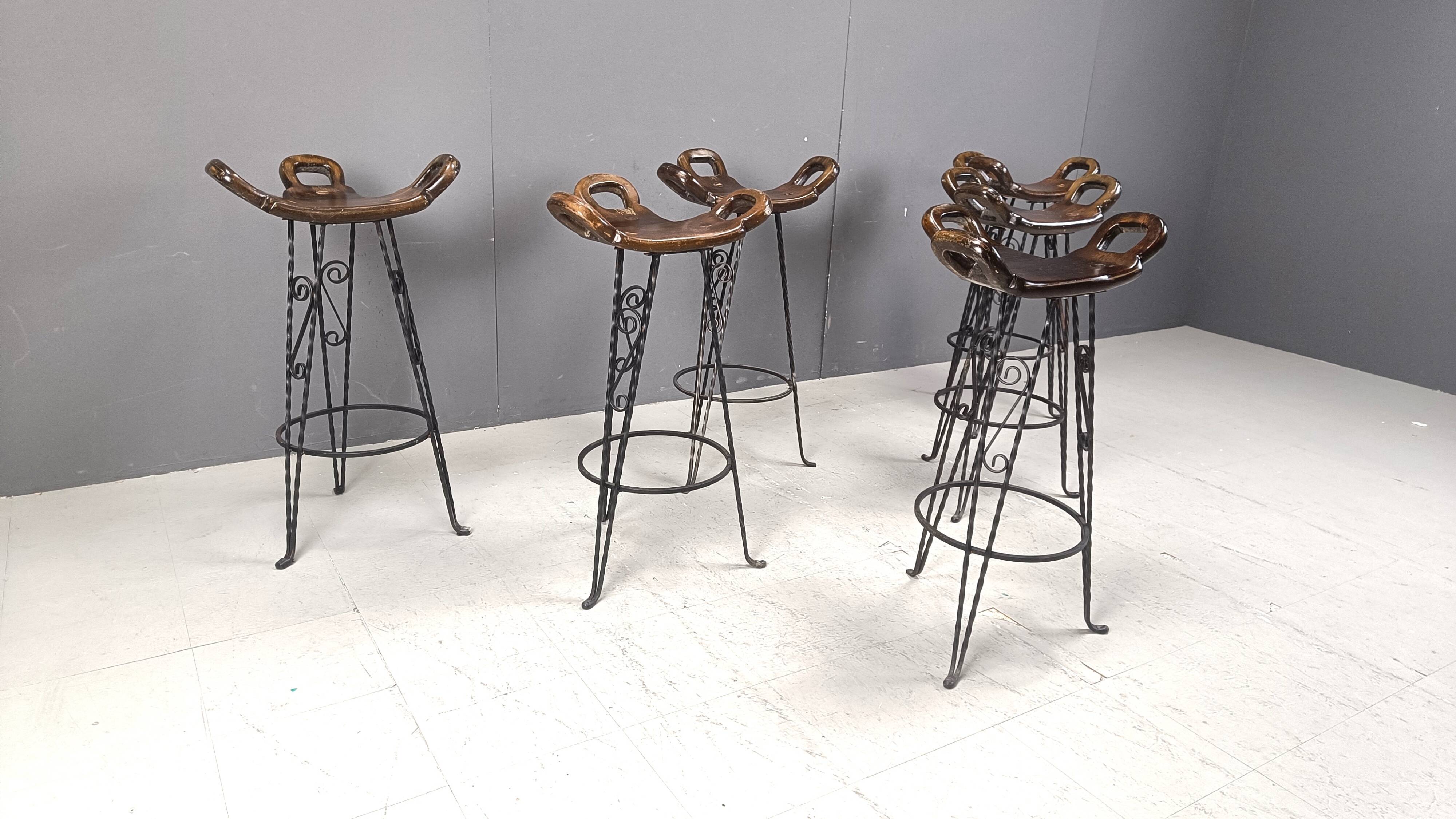 Vintage spanish wrought iron bar stools, 1960s - set of 6