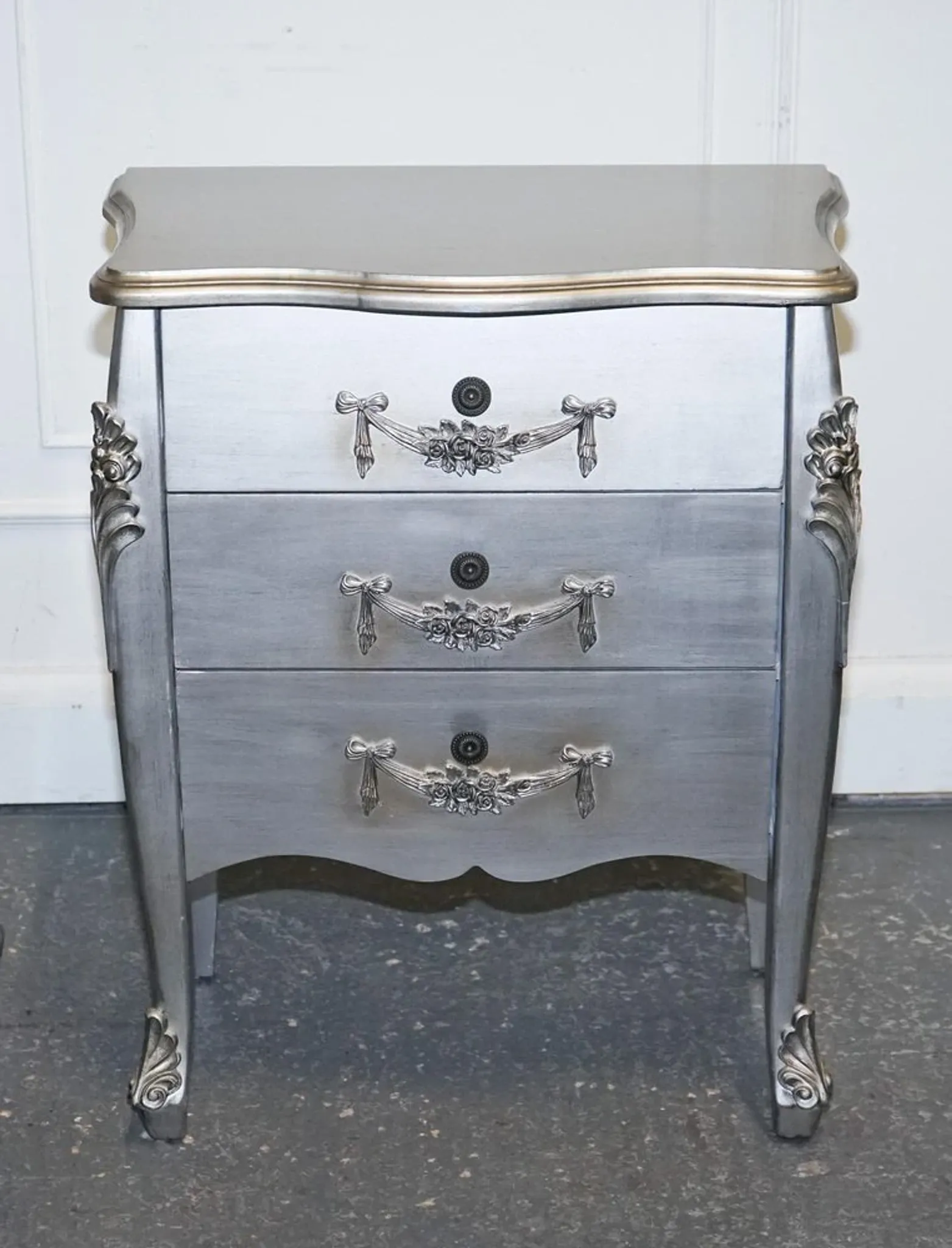 Baroque Grey Silver 3-Drawer Bedside Tables, Set of 2