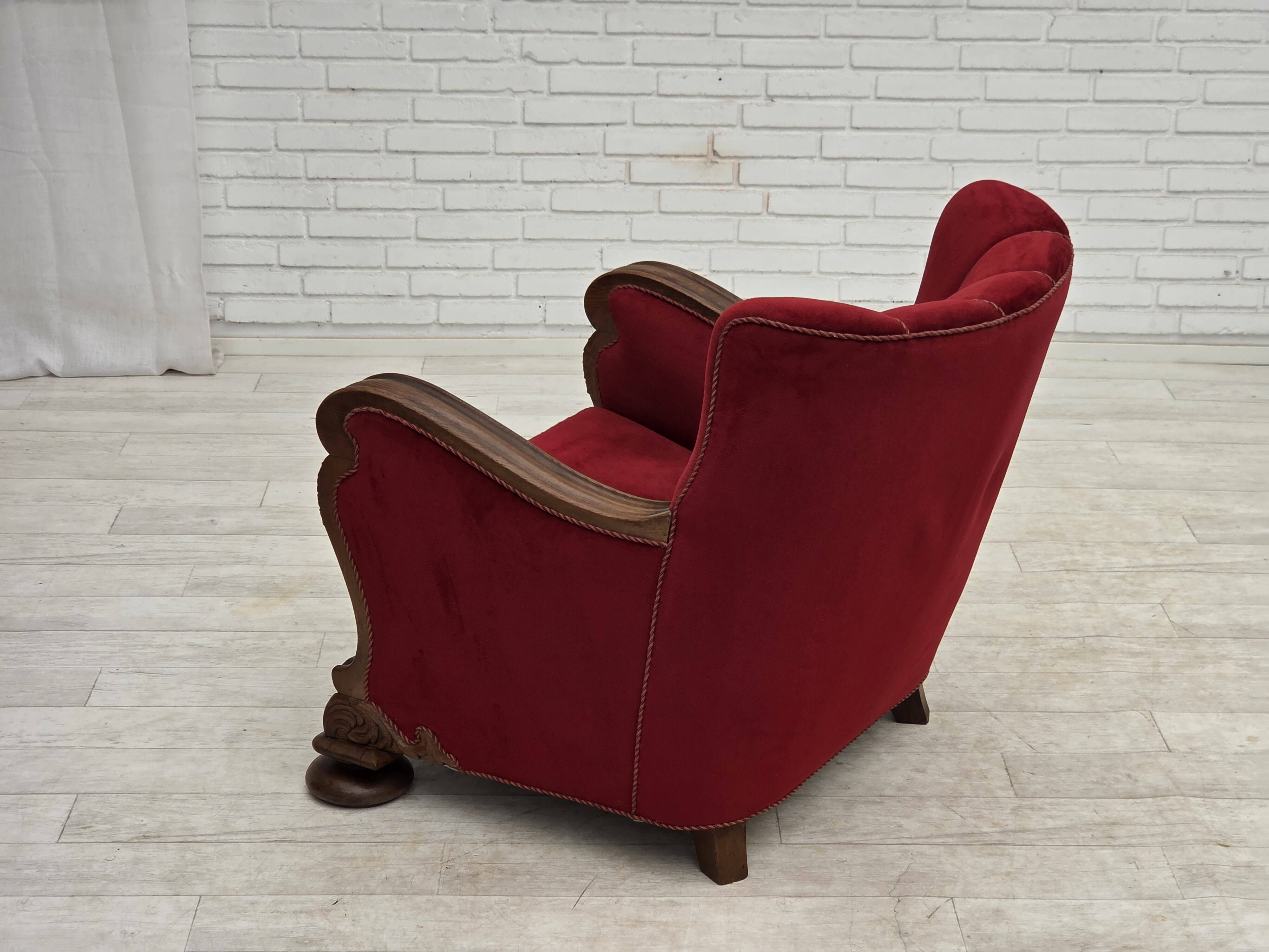 1950s, Danish relax armchair, furniture velour, carved oak wood.
