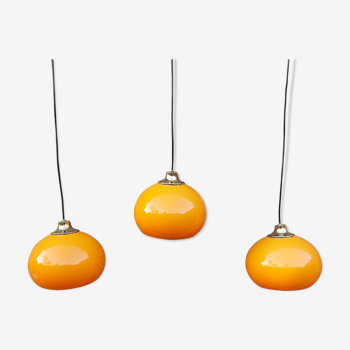 Set of 3 vintage orange pendant lamps, 70s