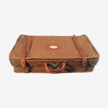 Valise vintage à soufflets en toile forte, cuir et métal