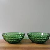 2 bols vintage en verre moulé vert facetté