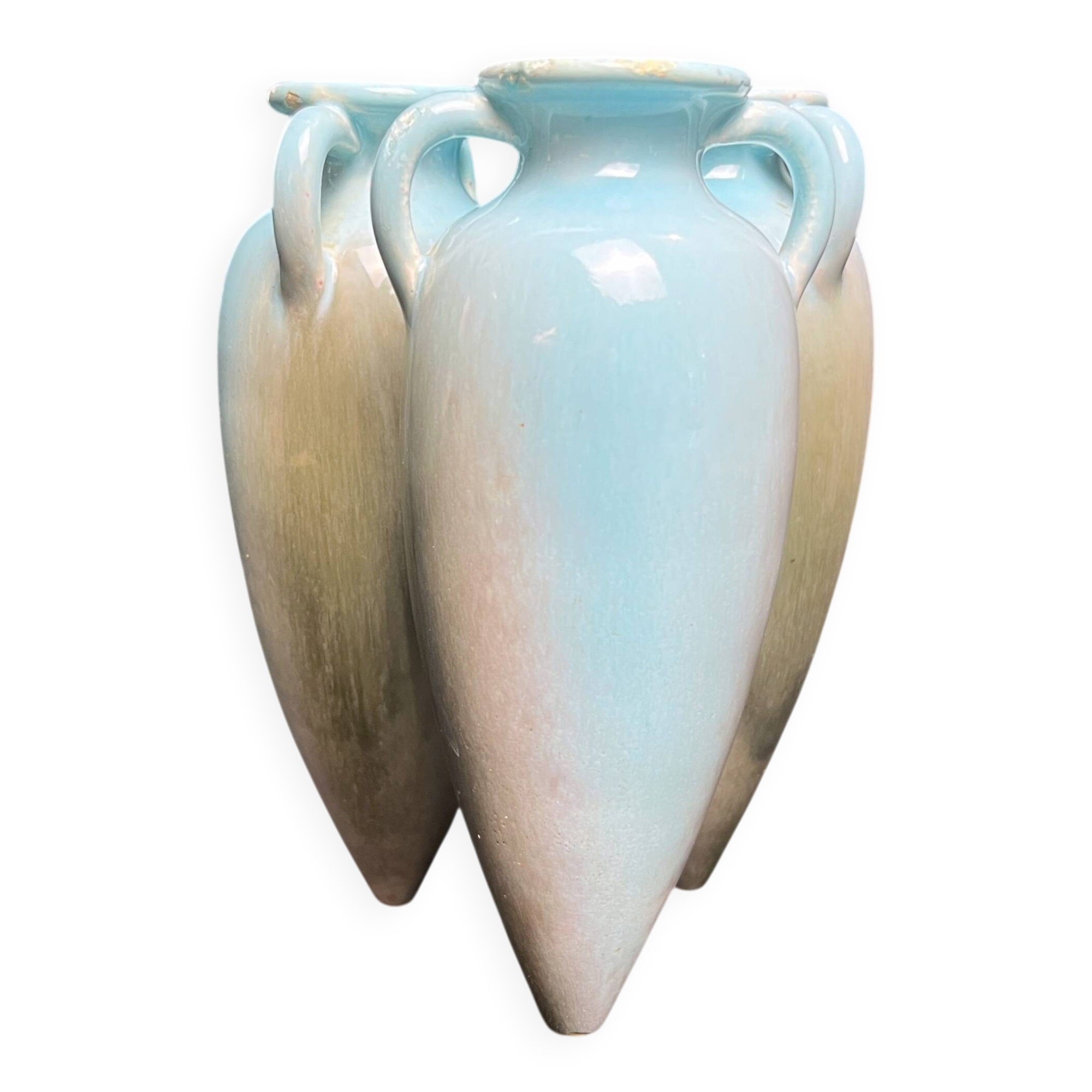 Art Nouveau, small triple amphora vase, glazed earthenware, Massier, circa 1900