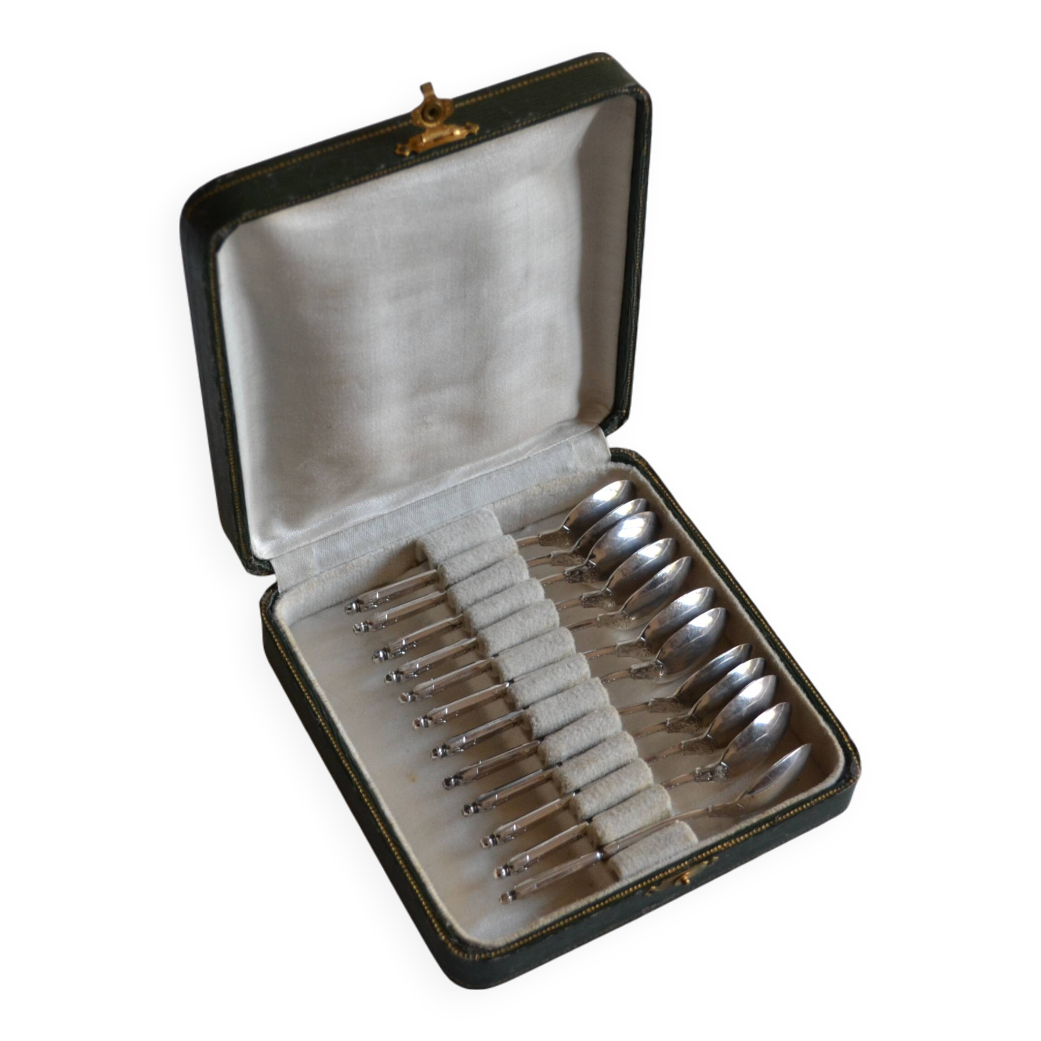 12 Cuillères à moka métal argenté manche à la russe + boite