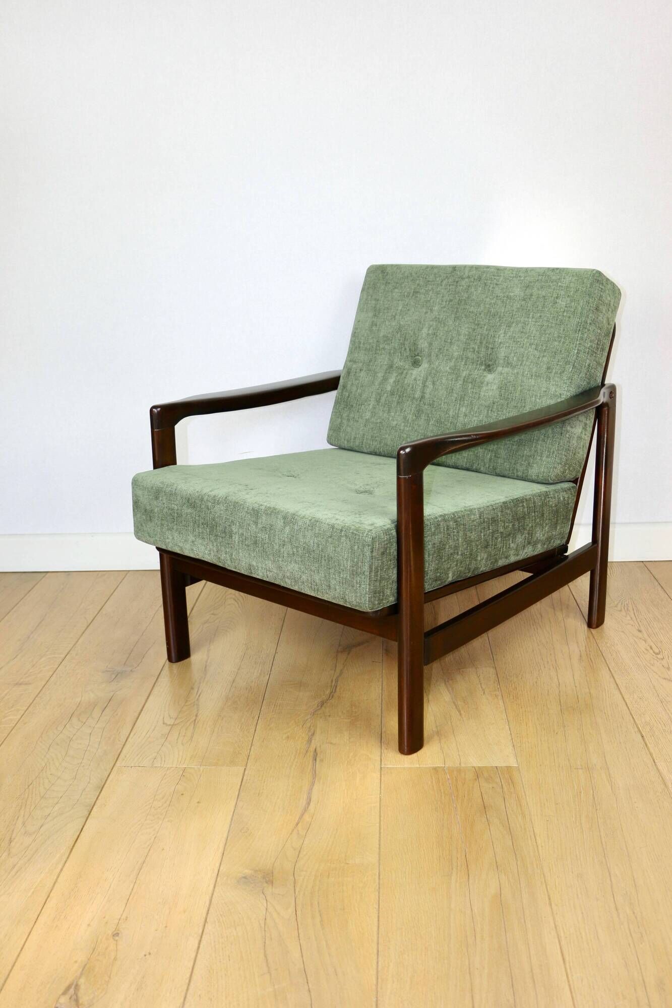 Vintage brown wooden armchair green-olive jeans design by Z. Bączyk - 2 pieces available