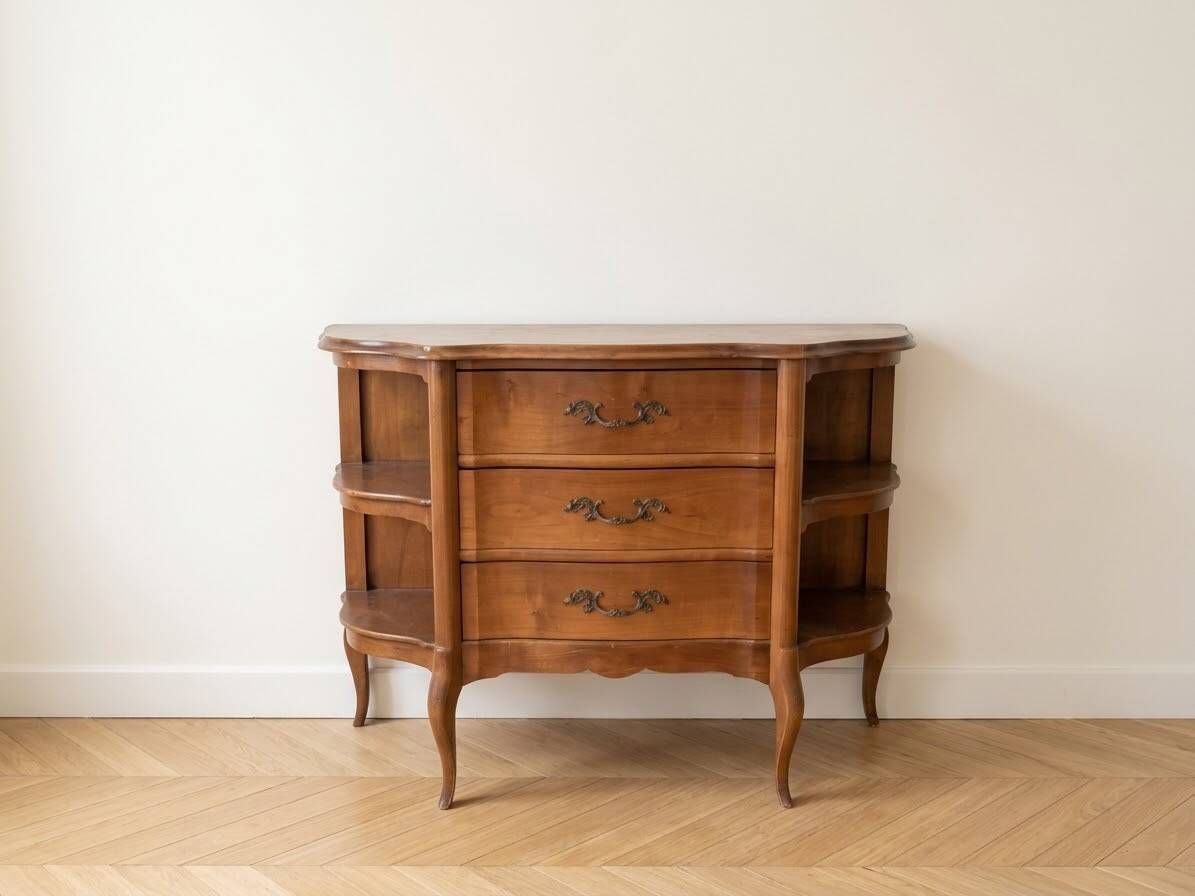 Louis XV style wooden commode with side shelves