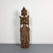 Large carved wooden statuette of a kinaree worshipping a devi. Thailand