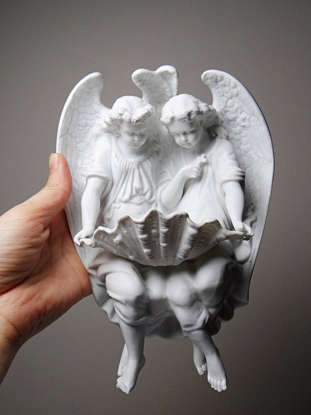 Fine bisque porcelain holy water font with two angels, antique, 1900-1930, Germany