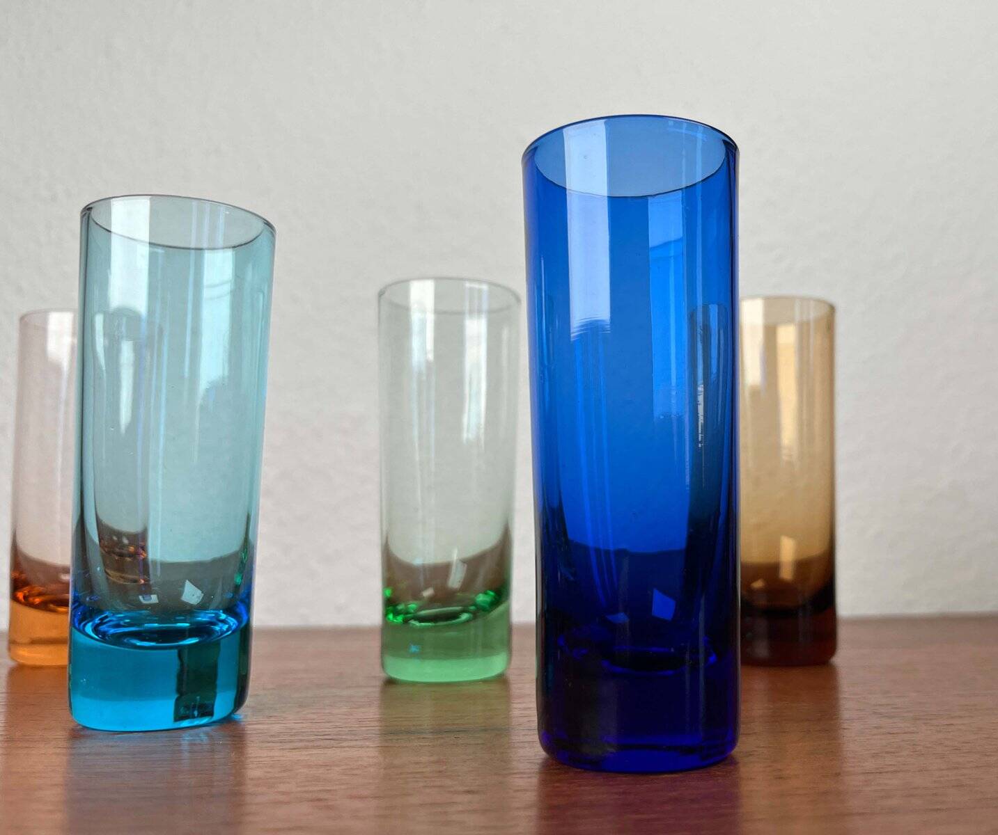 Coloured German shot glasses from the mid-century, 1960s, set of 6.