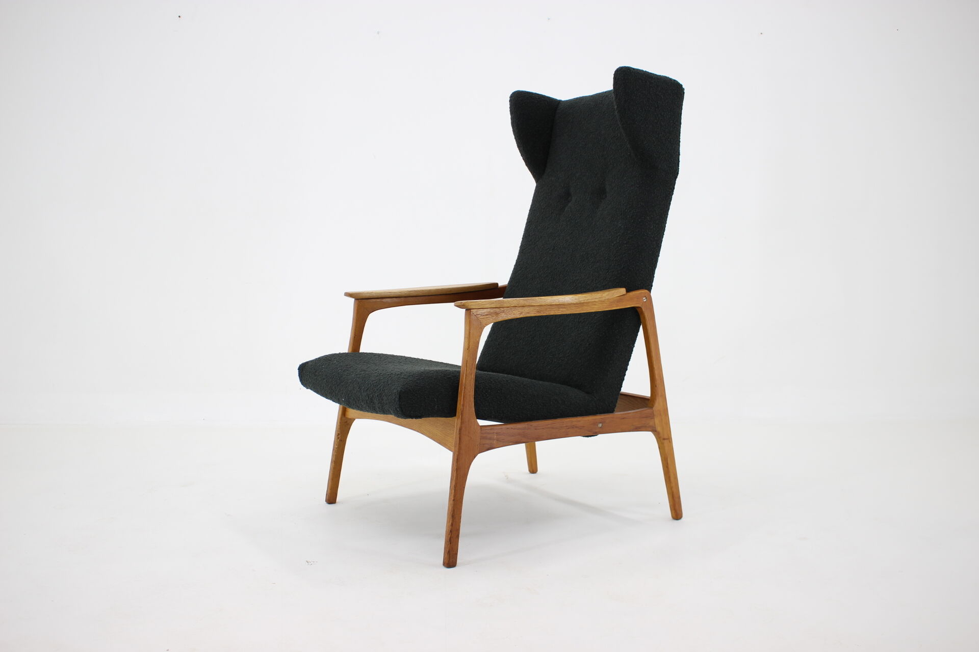 1960s Oak Wing Chair in Bouclé Upholstery, Czechoslovakia
