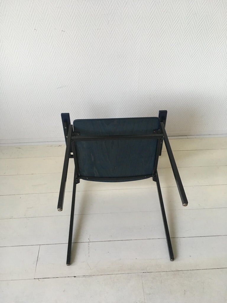 Minimalist blue metal and plywood stackable armchairs by Gijs Van der Sluis