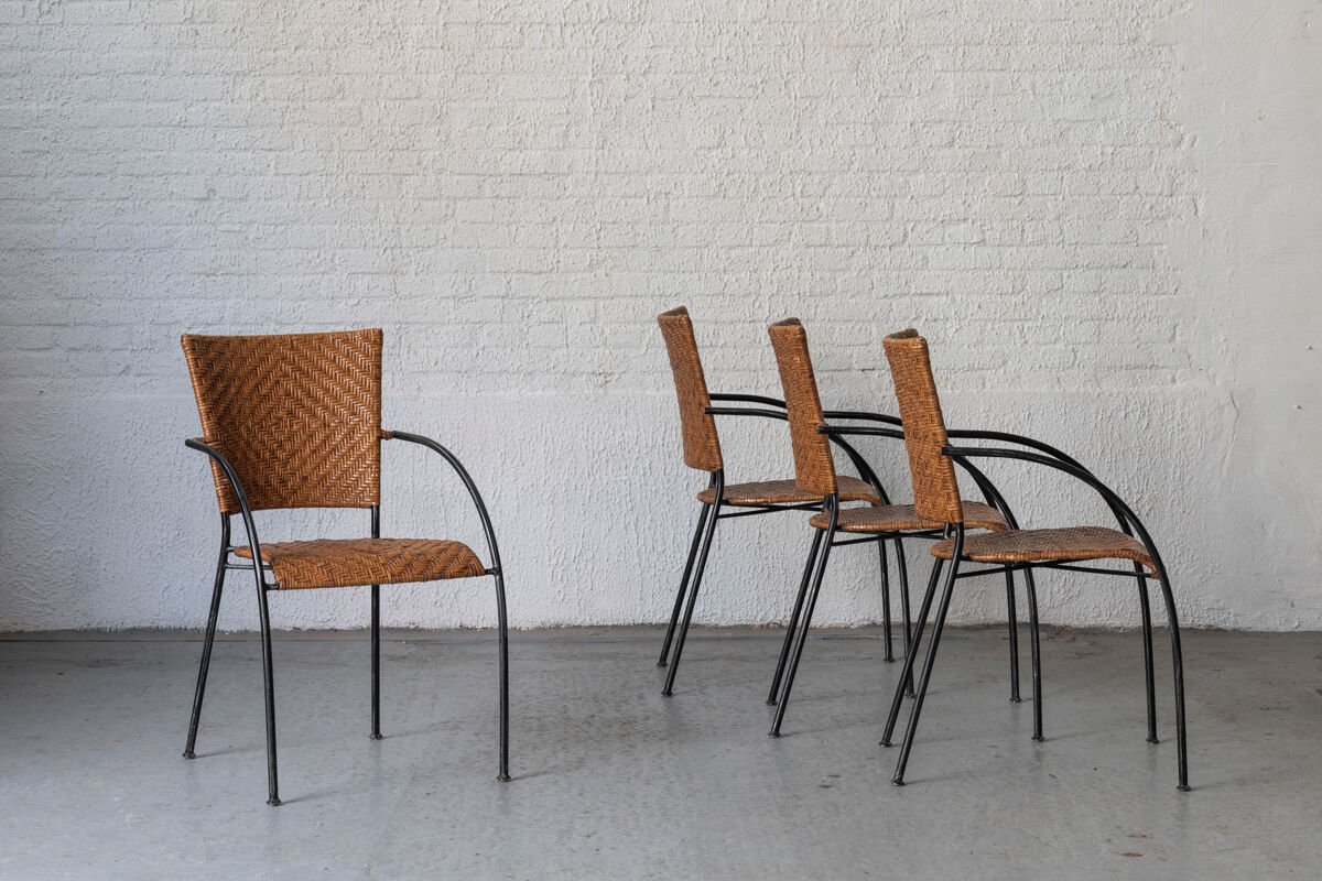 Set of 4 stackable dining chairs in steel and rattan, 1970s