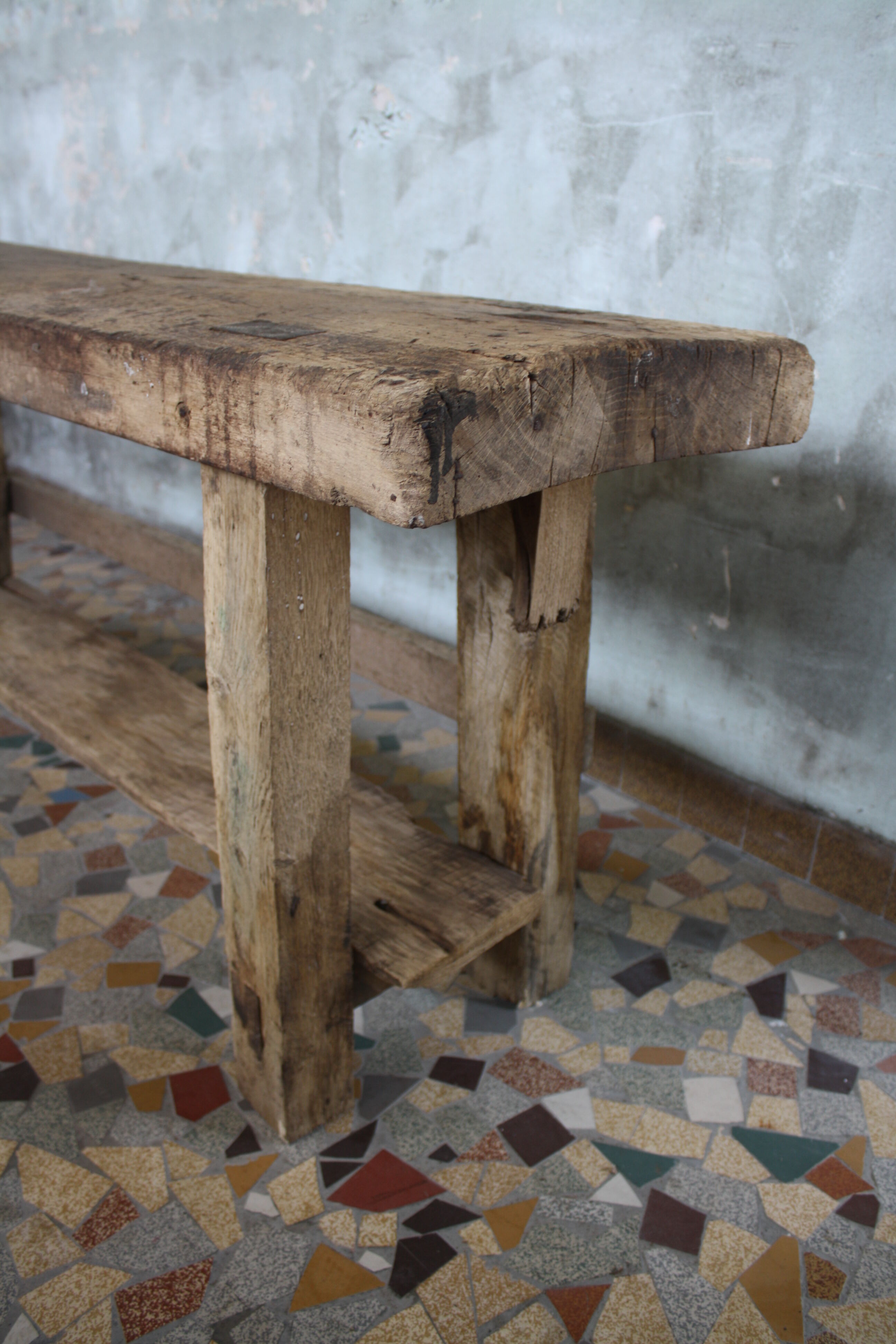 Ancient workbench in raw wood